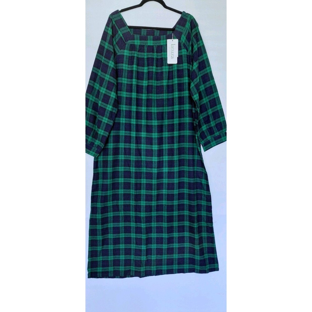 Latuza Women's Green/Navy Blue Plaid Long Sleeve Maxi Flannel Nightgown Size XL